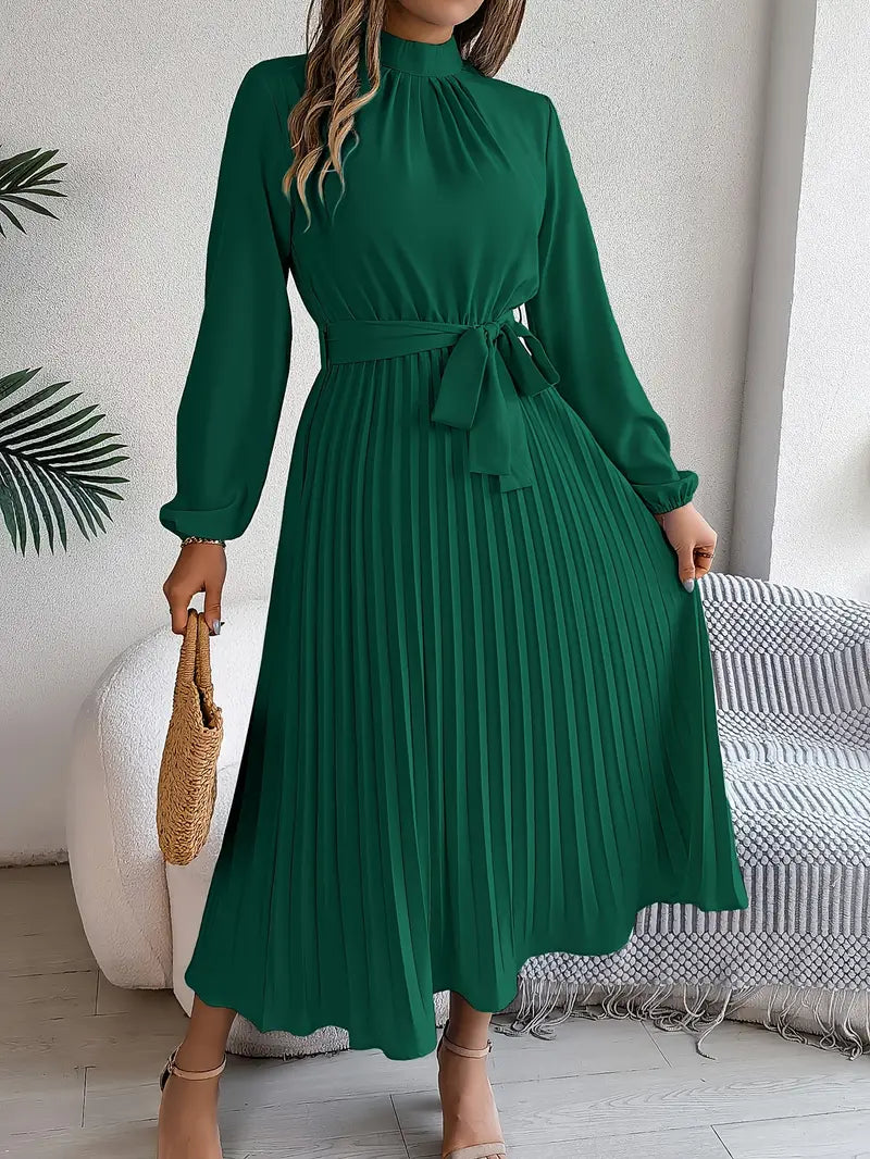 Women’s Pleated Midi Dress – Adjustable Belted Waist