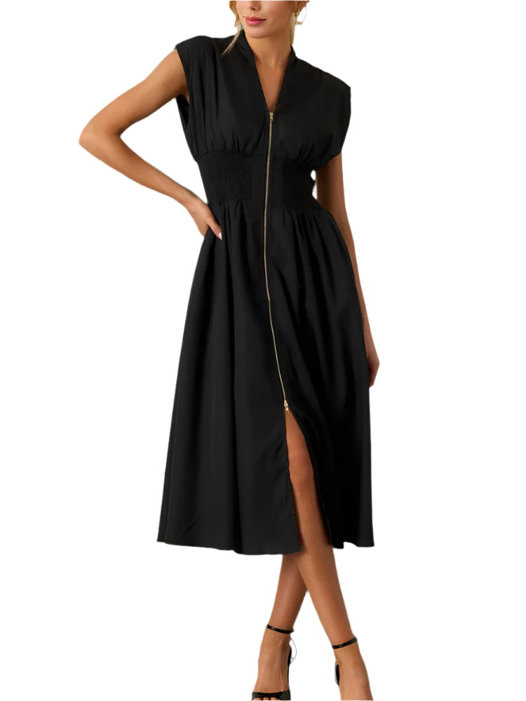 Verena | Women’s Midi Dress | V-Neck Cap Sleeve Zipper Slit