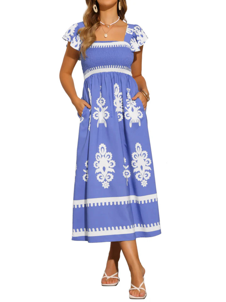 Lauren | Women’s Midi Dress | Smocked Square Neck Flutter Sleeve Pocketed