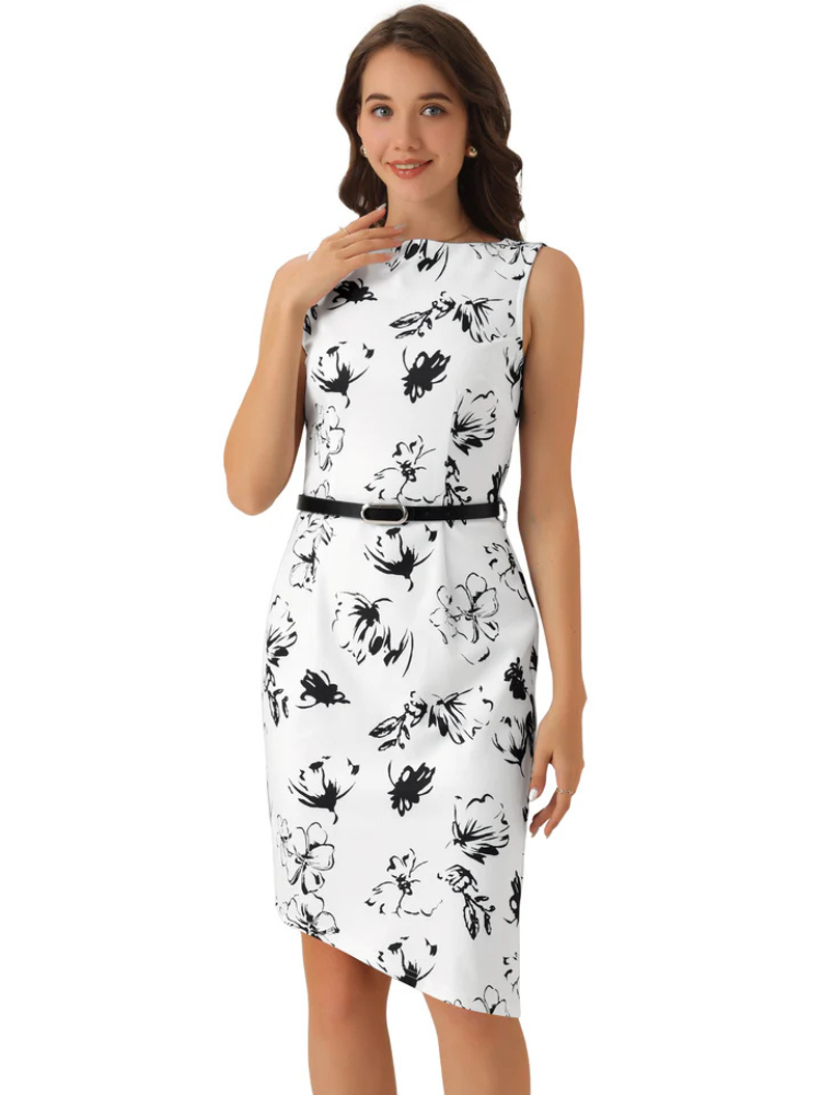 Fianna | Women’s Dress | Floral Boat Neck Belted Asymmetrical Hem