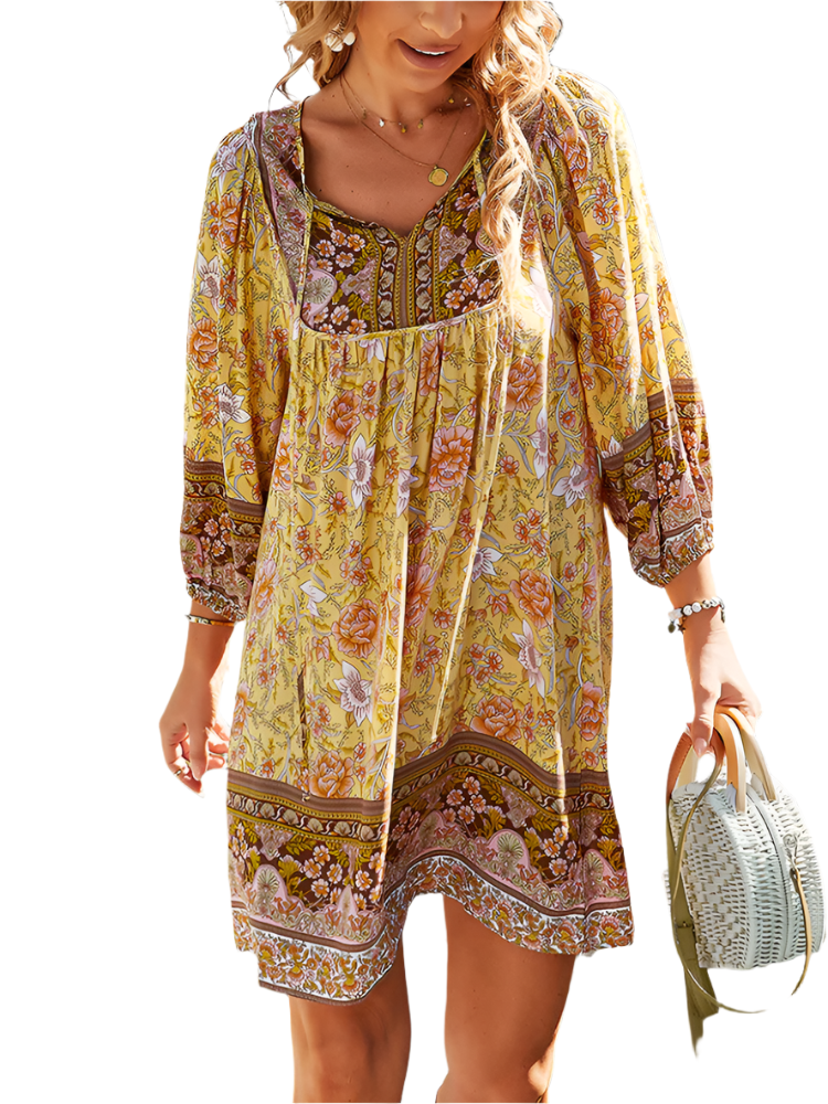 Talina | Women’s Mini Dress | Boho Floral Loose Fit 3/4 Sleeve