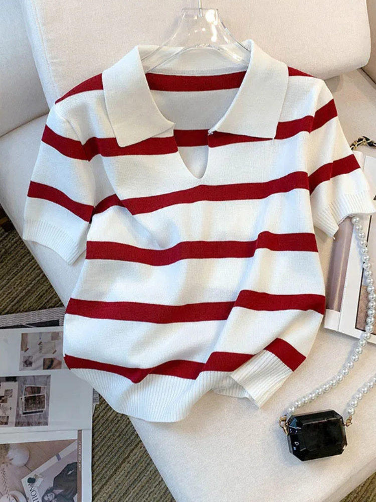 Straya | Women’s Knit Top | Striped Collared Crop