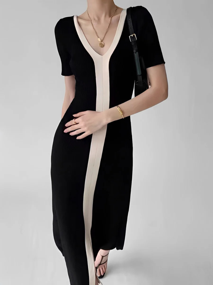 Maelle | Women’s Midi Dress | Two-Tone V-Neck Knit Slit