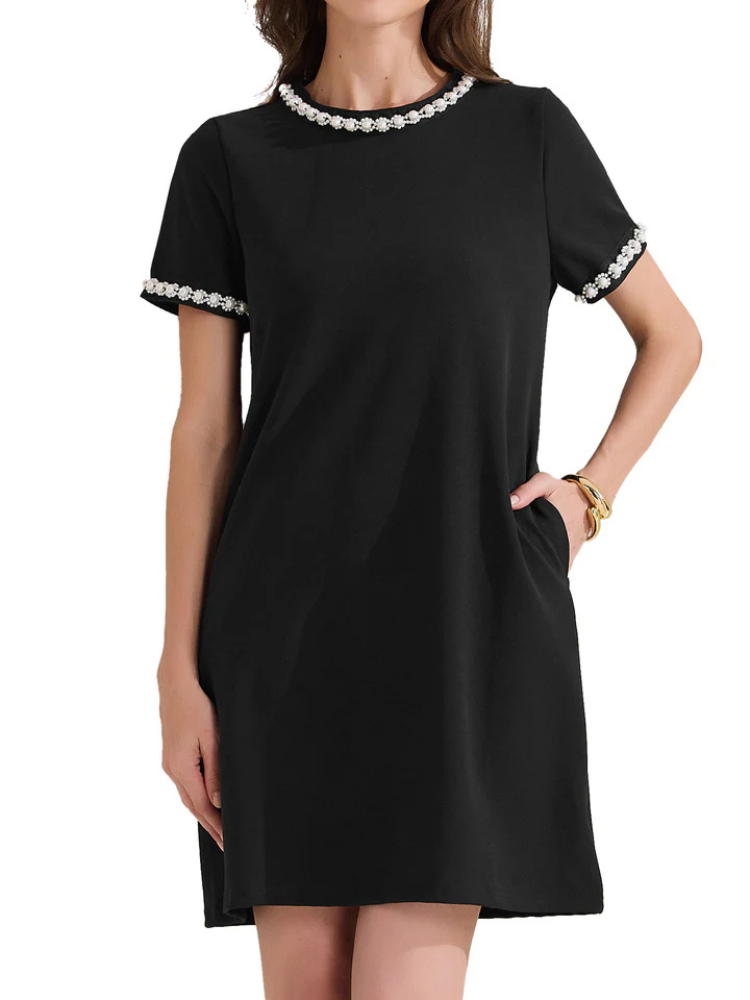 Dahlina | Women’s Dress | Faux Pearl Pocketed Crew Neck Short Sleeve