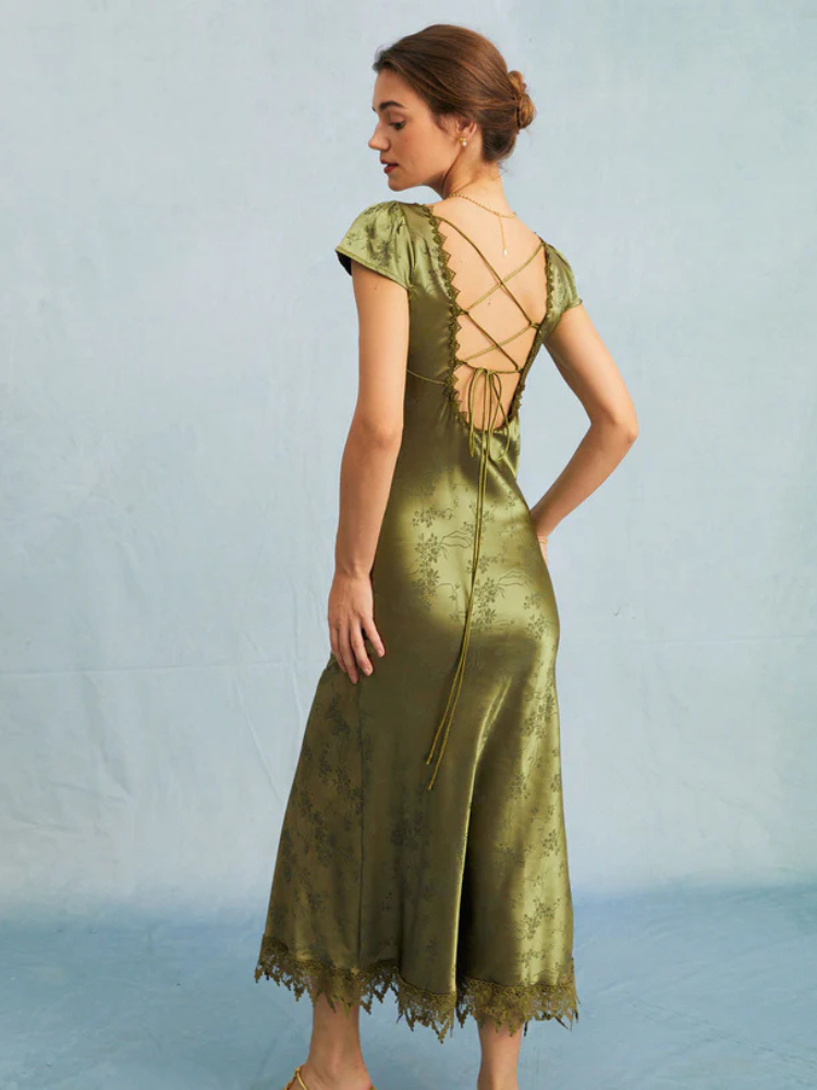 Verena | Women’s Midi Dress | Jacquard Satin Cap Sleeve Elegant