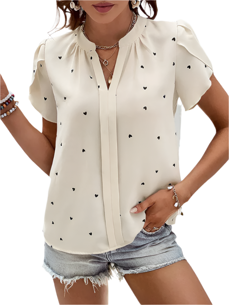 Liora | Women’s Blouse | Heart Print Notch Neck Short Sleeve