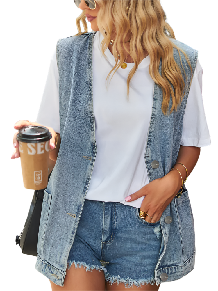 Juna | Women’s Denim Vest | Sleeveless Pocketed Button Waistcoat