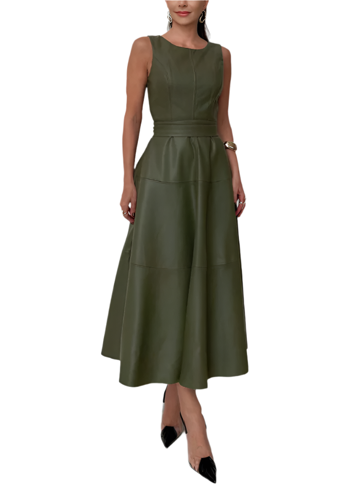 Renata | Women’s Midi Dress | PU Leather Sleeveless Tiered A-Line