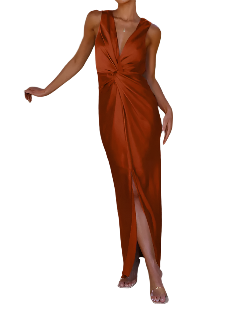 Isadora | Women’s Maxi Dress | Satin Sleeveless Ruched Slit Wedding
