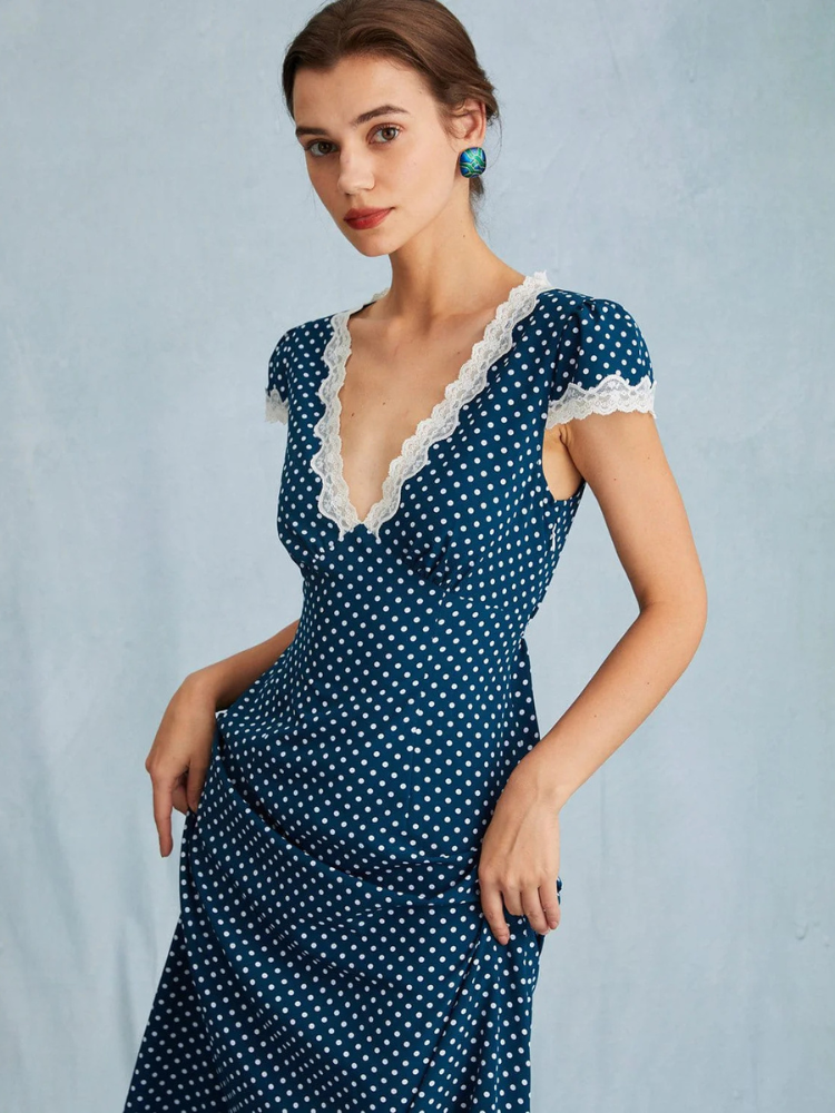 Celestine | Women’s Maxi Dress | Polka Dot Lace Ruched V-Neck