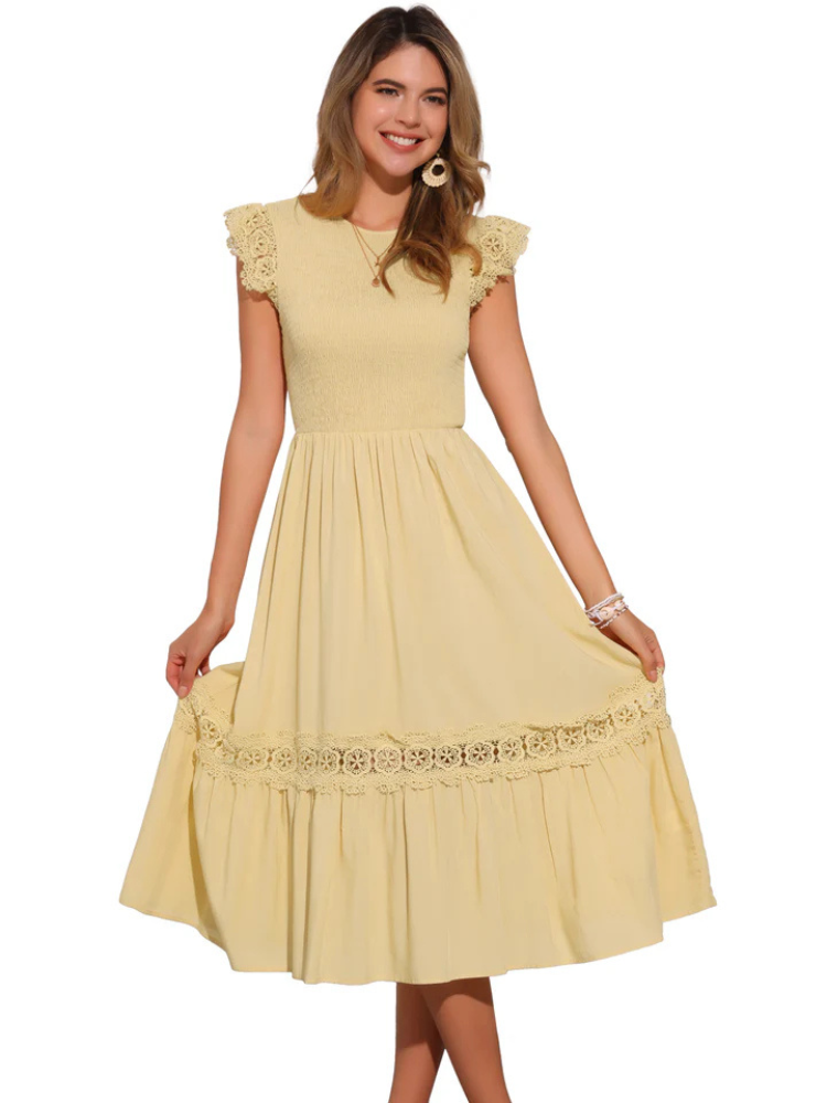 Jasmine | Women’s Dress | Lace Trim Smocked Ruffle Cap Sleeve Beach Flowy