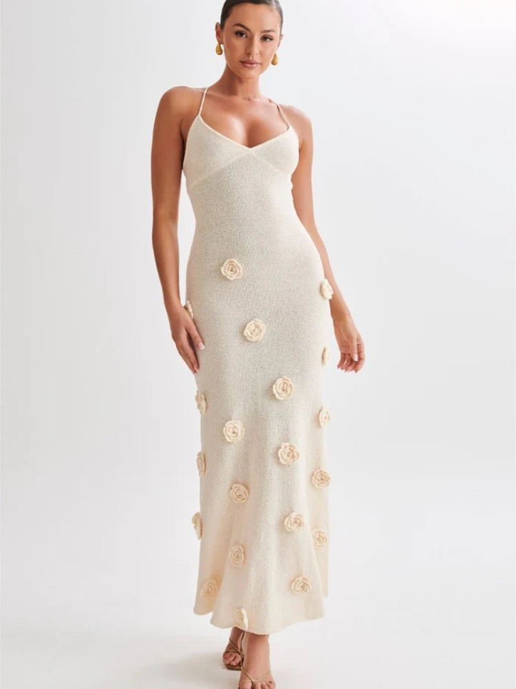 Liora | Women’s Knitted Maxi Dress | V-Neck & Floral