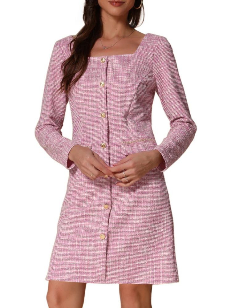 Cambria | Women’s Dress | Tweed Plaid Long Sleeve Square Neck Knee Length