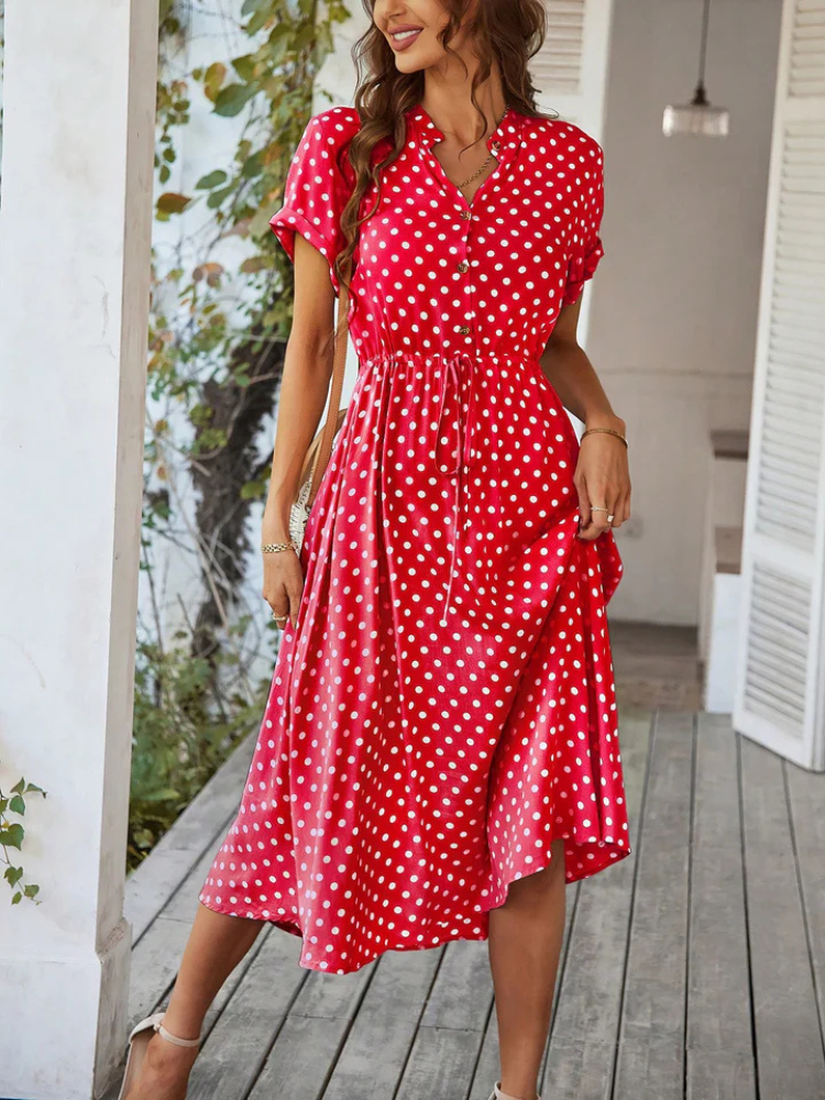 Dahlia | Women’s Midi Dress | Polka Dot Button-Up Shirt Style