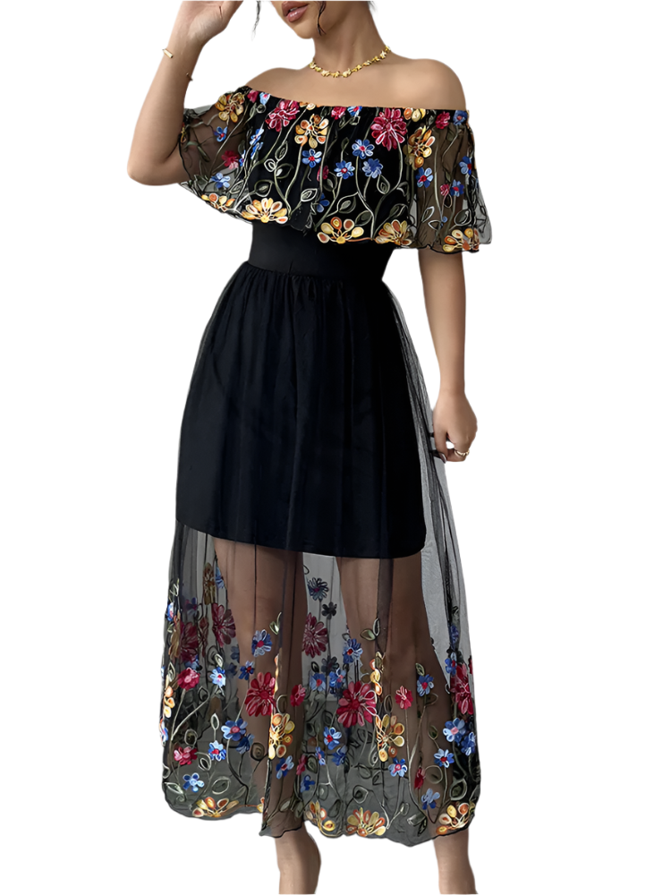Isolde | Women’s Midi Dress | Floral Embroidered Mesh Off Shoulder