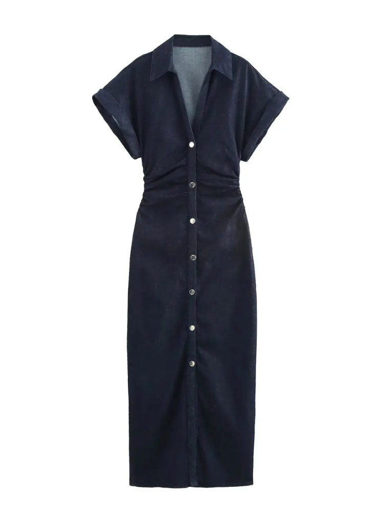 Skylar | Women’s Denim Midi Dress | Lapel Slim-Fit