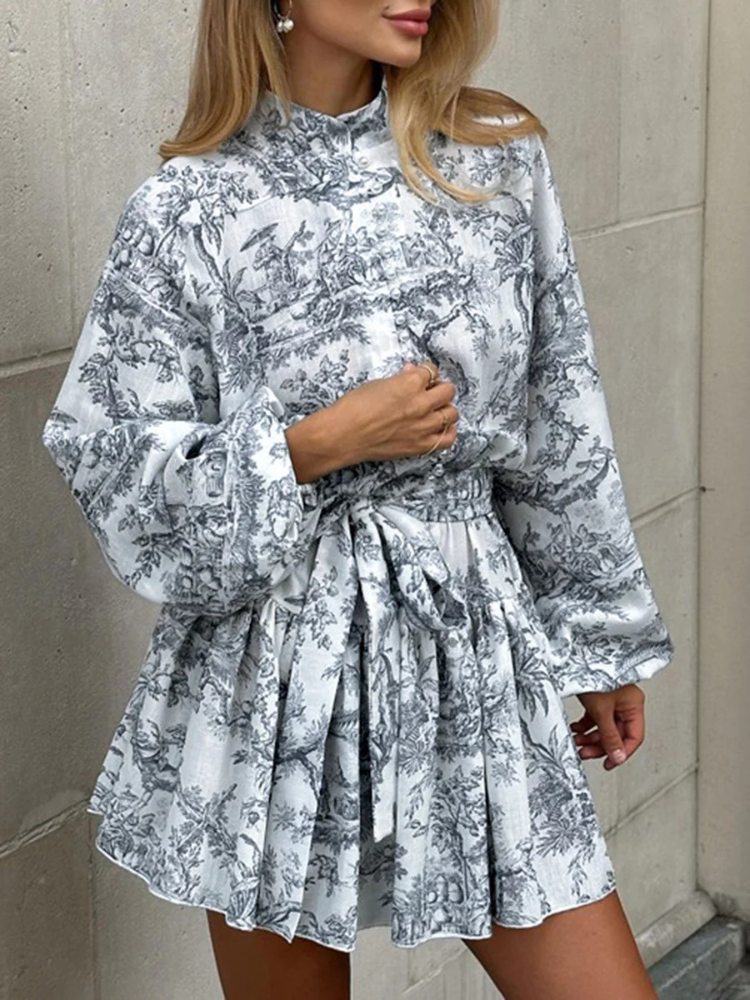 Mireille | Women’s Short Dress | Ink Print Tie A-Line