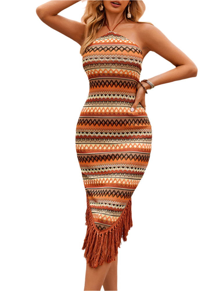 Saphira | Women’s Midi Dress | Boho Halter Embroidered Tassel