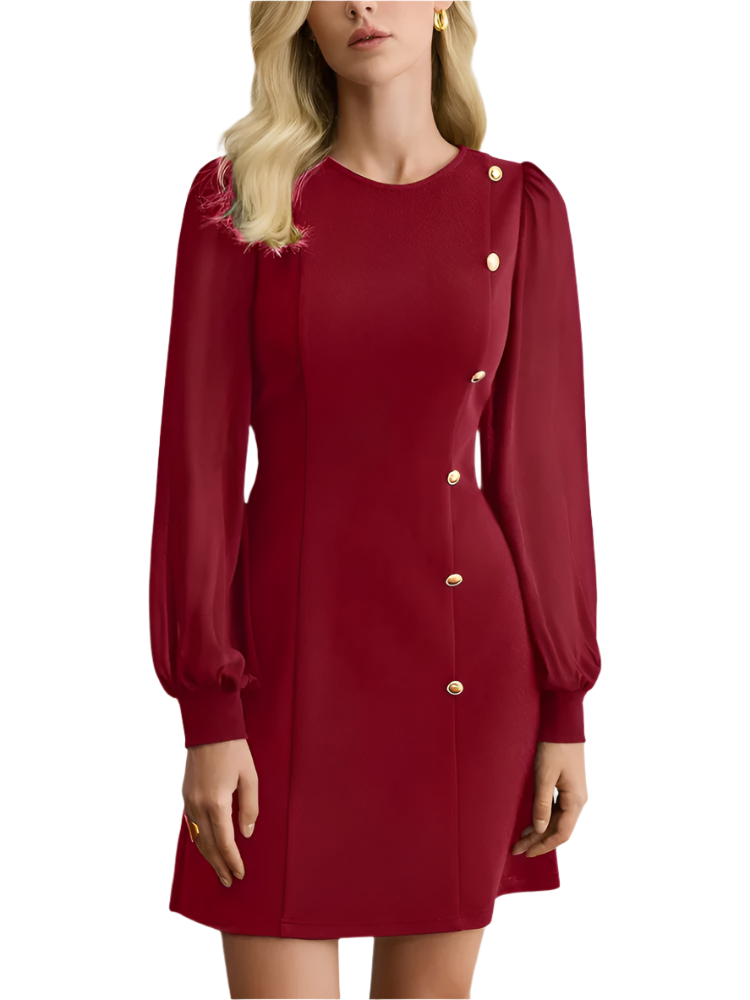 Milara | Women’s Dress | Round Neck Buttoned Long Sleeve A-Line