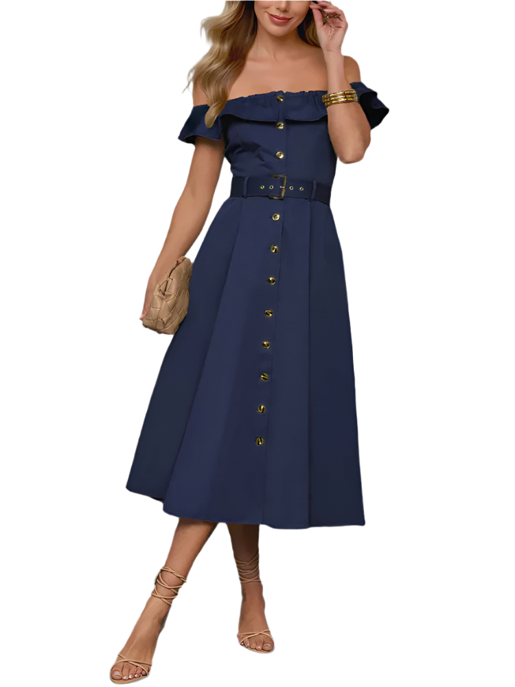 Elisette | Women’s A-Line Dress | Off Shoulder Belted Button Down