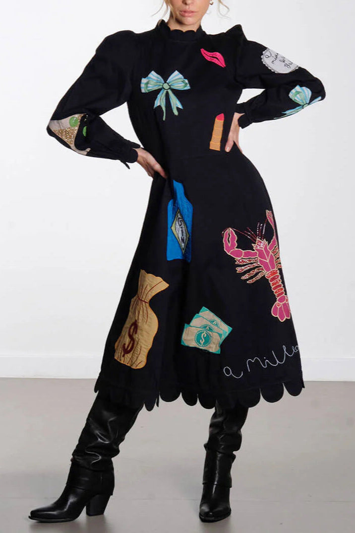 Black Midi Dress | Artistic Print | Elegant & Unique