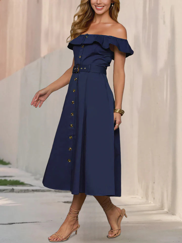 Elisette | Women’s A-Line Dress | Off Shoulder Belted Button Down