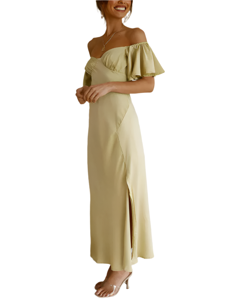 Evalisse | Women’s Midi Dress | Satin Off Shoulder Ruffled Slit Wedding