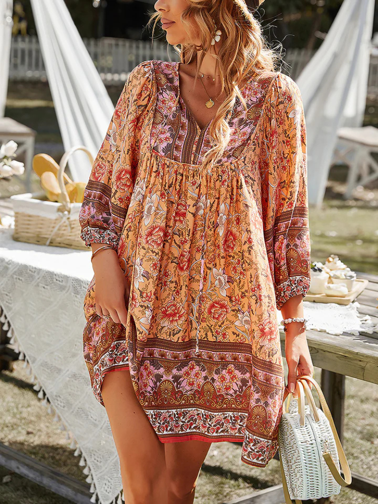 Talina | Women’s Mini Dress | Boho Floral Loose Fit 3/4 Sleeve