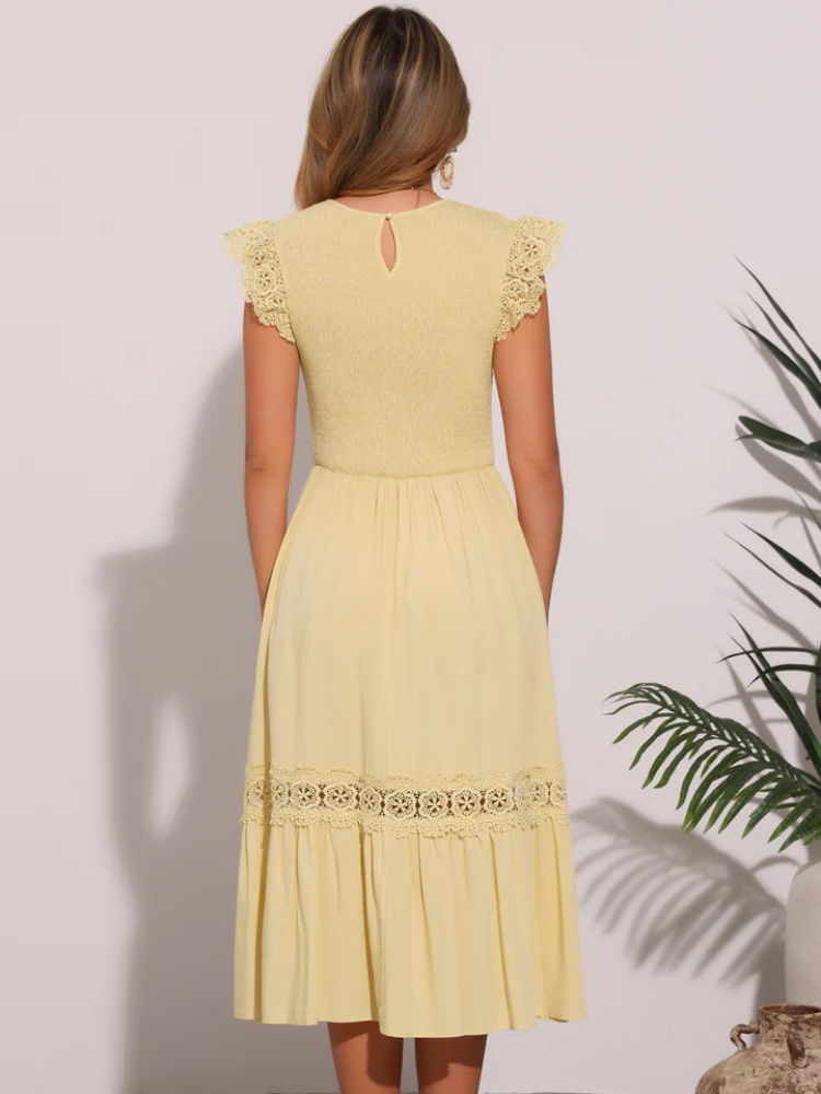Jasmine | Women’s Dress | Lace Trim Smocked Ruffle Cap Sleeve Beach Flowy