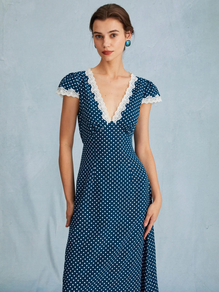 Celestine | Women’s Maxi Dress | Polka Dot Lace Ruched V-Neck