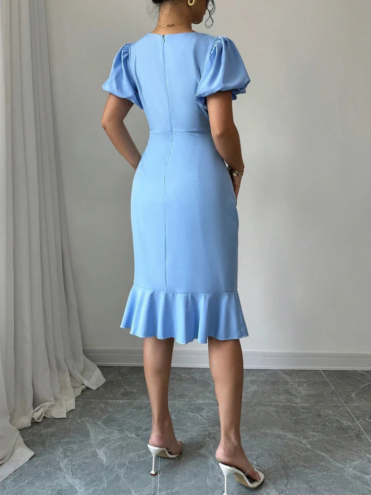 Marisse | Women’s Dress | Puff Sleeve Ruffled Fishtail Round Neck