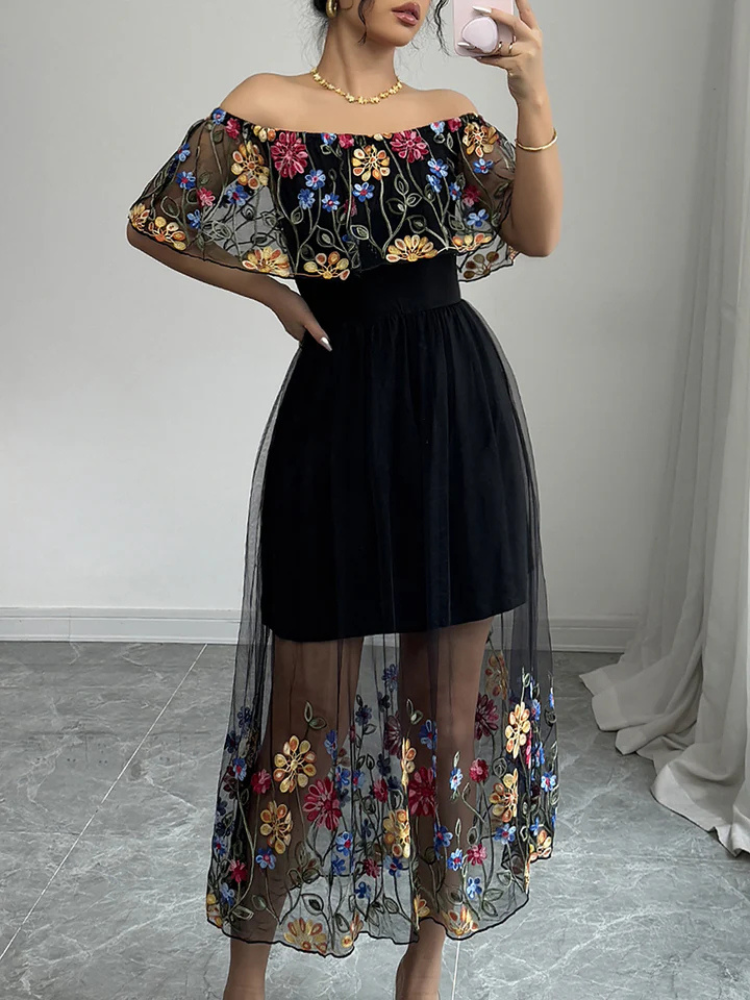 Isolde | Women’s Midi Dress | Floral Embroidered Mesh Off Shoulder