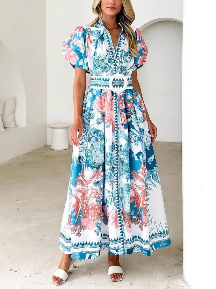 Annalise | Women’s Maxi Dress | Floral Puff Sleeve Button Down Belted