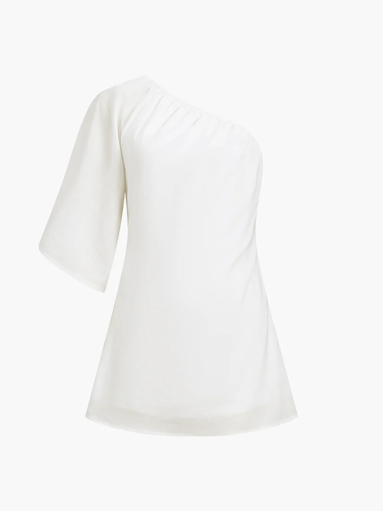 Thalina | Women’s Short Dress | One Sleeve Cotton Linen Natural
