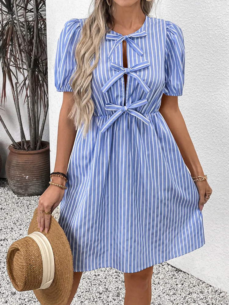 Juliette | Women’s Midi Dress | Striped Bow A-Line Round Neck