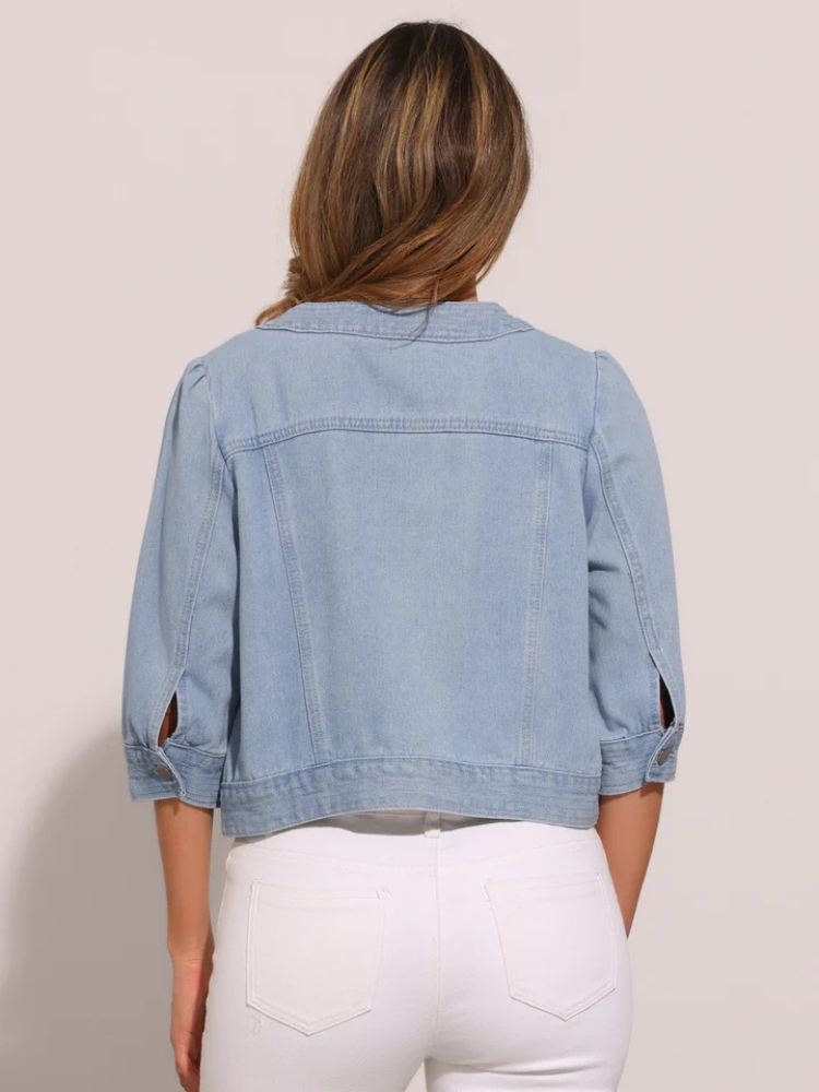 Jovie | Women’s Jacket | Collarless Cropped Button-Up Denim