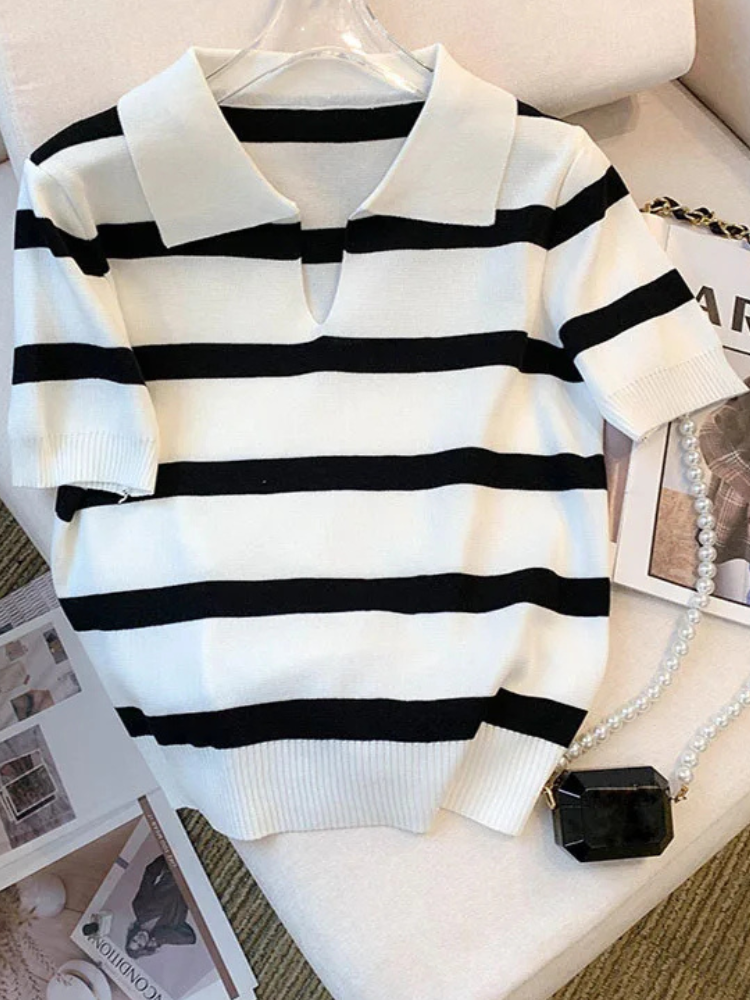 Straya | Women’s Knit Top | Striped Collared Crop
