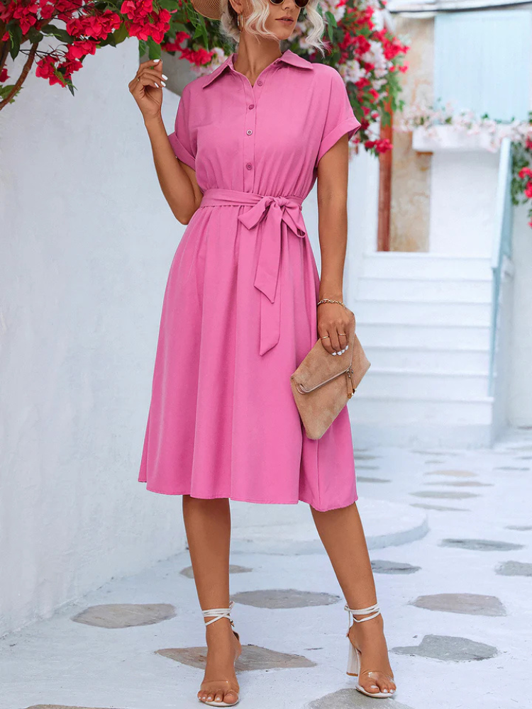 Carisse | Women’s Shirt Dress | Lace-Up Short Sleeve Solid Midi