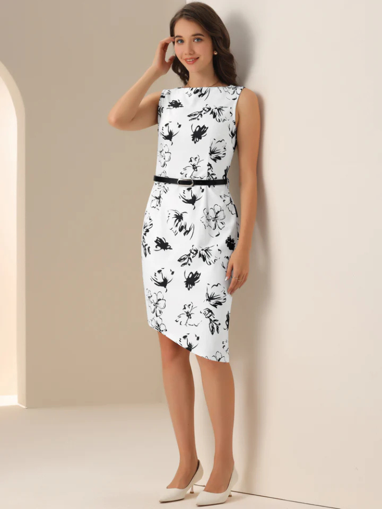 Fianna | Women’s Dress | Floral Boat Neck Belted Asymmetrical Hem