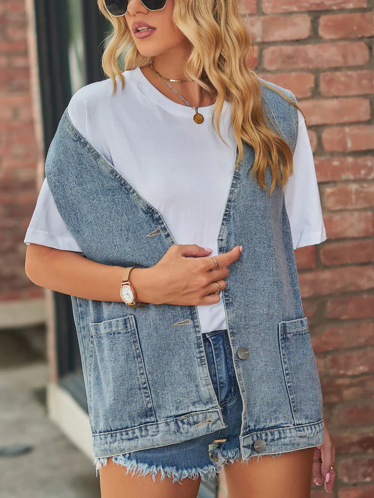 Juna | Women’s Denim Vest | Sleeveless Pocketed Button Waistcoat