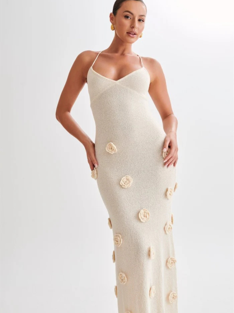 Liora | Women’s Knitted Maxi Dress | V-Neck & Floral