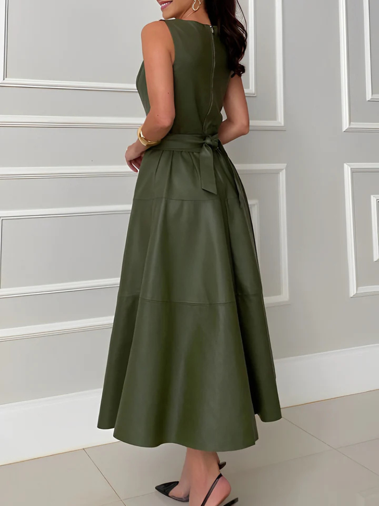 Renata | Women’s Midi Dress | PU Leather Sleeveless Tiered A-Line