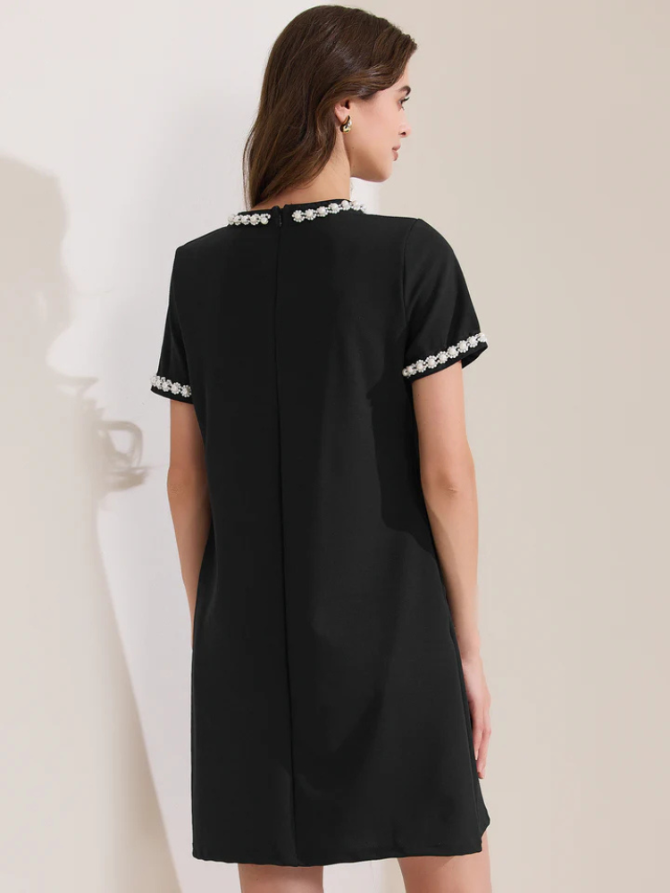 Dahlina | Women’s Dress | Faux Pearl Pocketed Crew Neck Short Sleeve