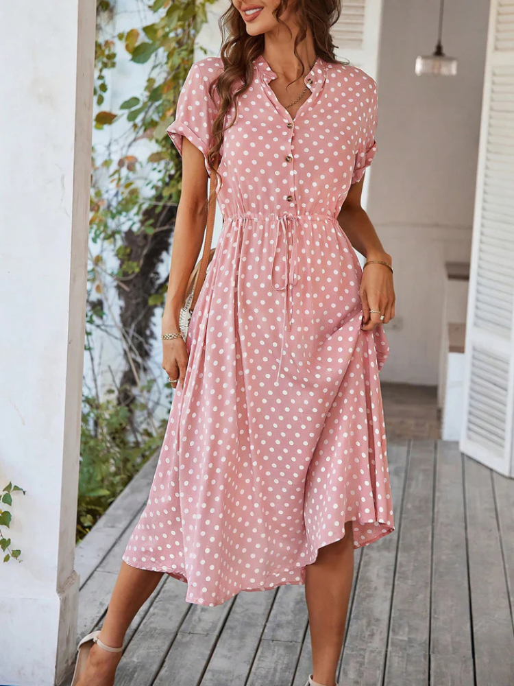 Dahlia | Women’s Midi Dress | Polka Dot Button-Up Shirt Style