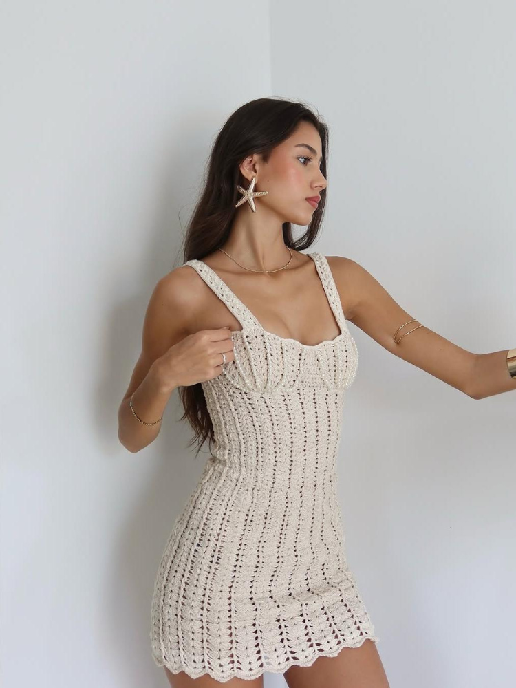 Sienna | Women’s Mesh Mini Dress | Pearl-Embellished Crochet