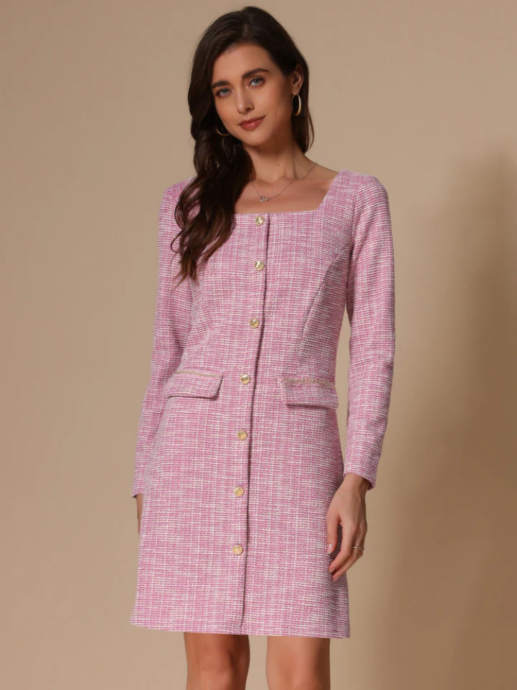 Cambria | Women’s Dress | Tweed Plaid Long Sleeve Square Neck Knee Length