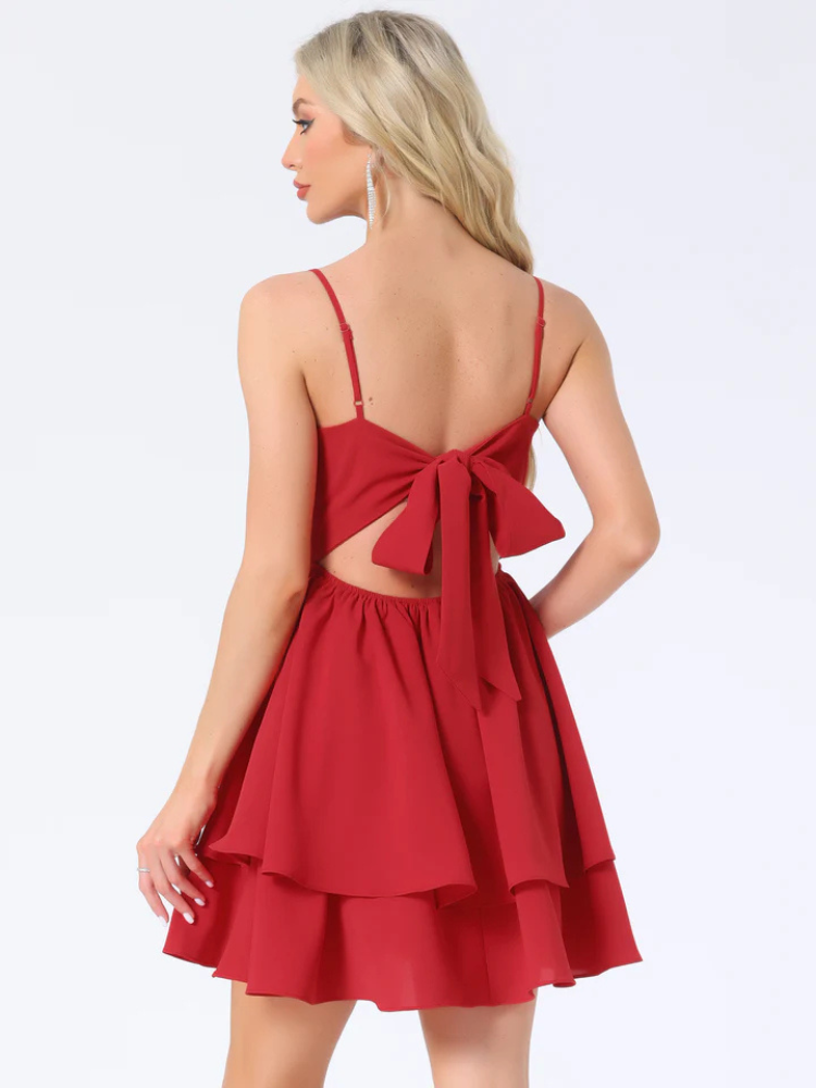 Liliane | Women’s Mini Dress | Backless Bow Layered A-Line Spaghetti Strap