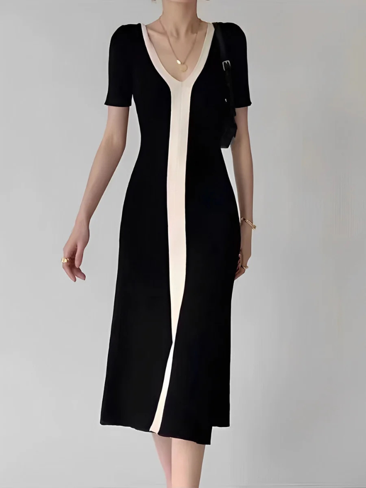 Maelle | Women’s Midi Dress | Two-Tone V-Neck Knit Slit