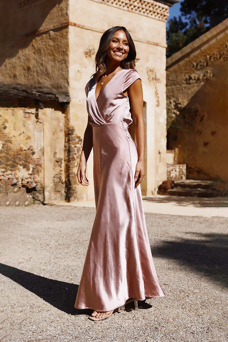 Flutter Sleeve Satin Maxi Dress | Blush Pink | Elegant & Romantic