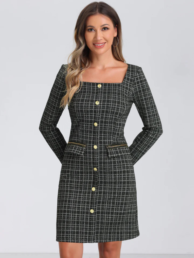 Cambria | Women’s Dress | Tweed Plaid Long Sleeve Square Neck Knee Length
